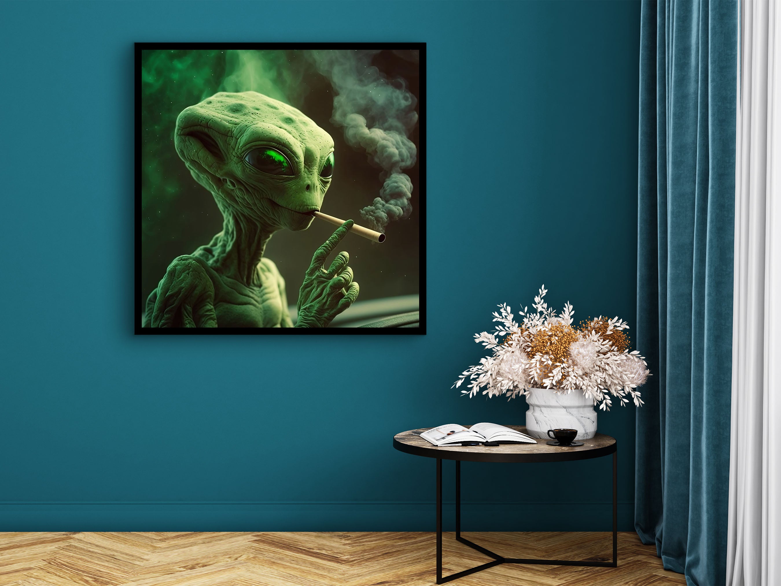 Alien Smoking Canvas Wall Art, Modern Design Home and Office Decor, Alien Canvas Print, Poster Wall Canvas, Ready to Hang, Printed on Black Frame