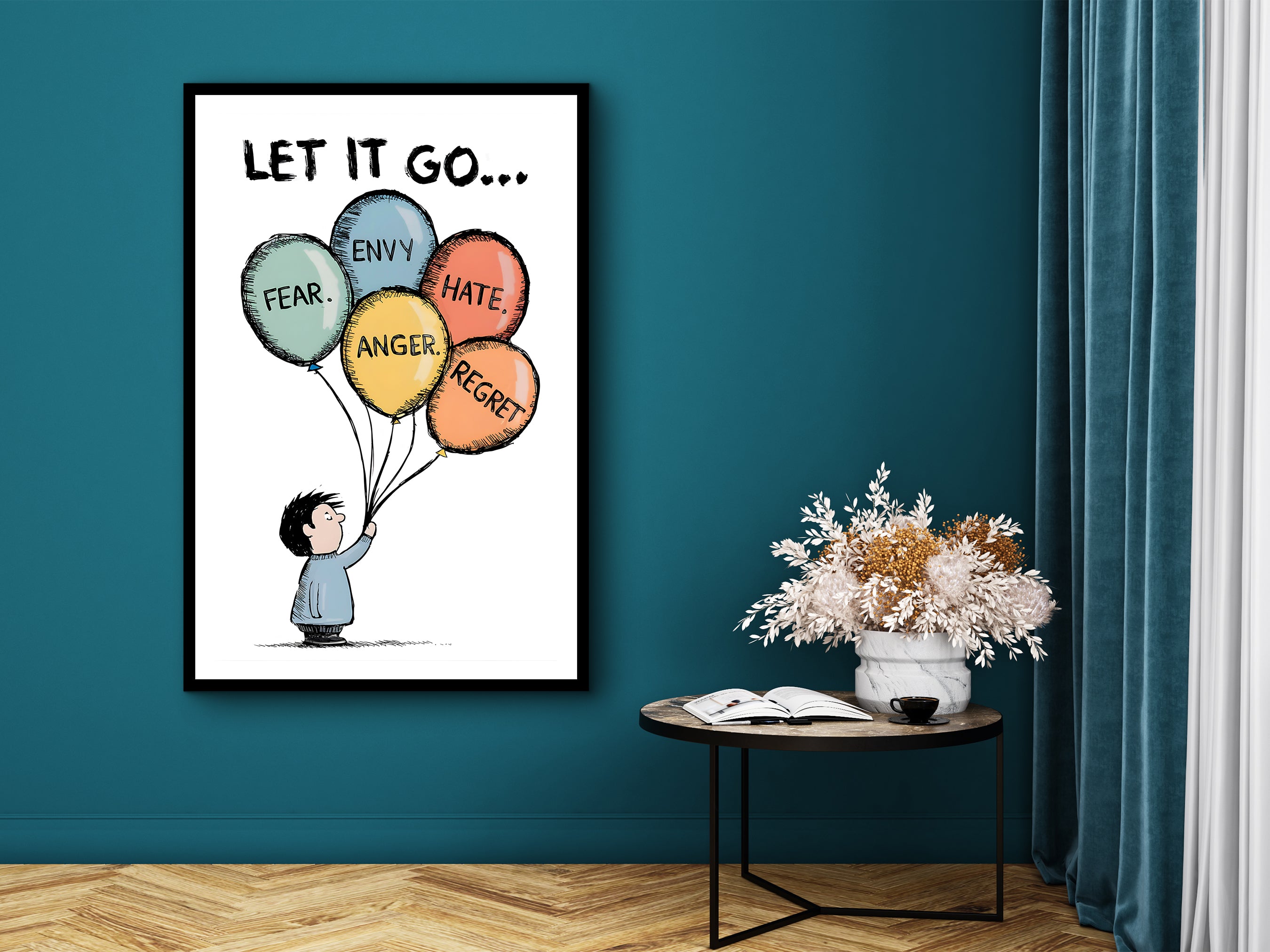 Let It Go Wall Art, Motivational Wall Art, Modern Home & Office Decor, Ready to Hang, Balloon Art Print, Printed on Black Frame, Gift Idea