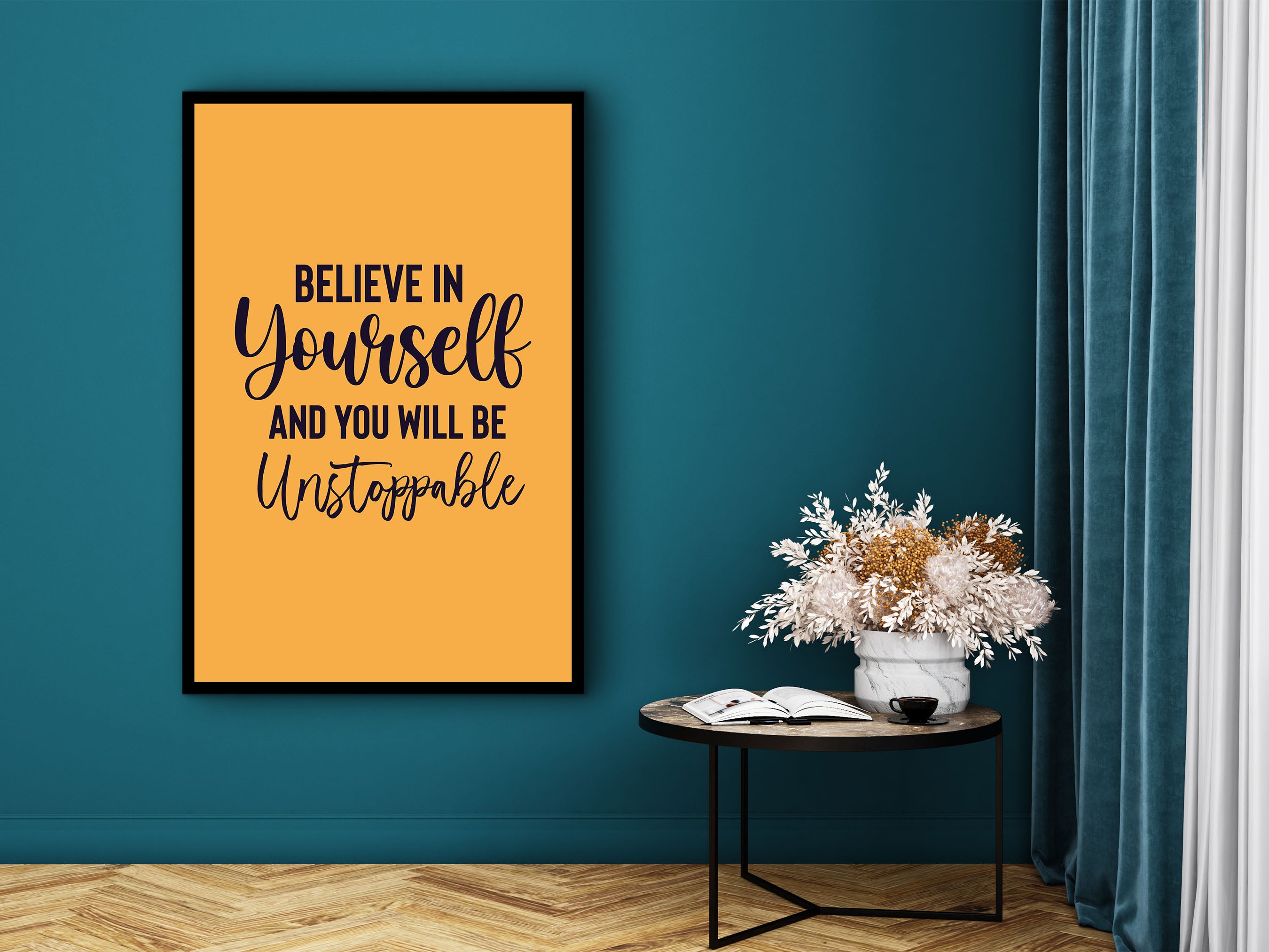 Motivational Wall Art, Believe in Yourself and You Will Be Unstoppable Canvas, Home and Office Decor, Perfect Gift, Printed on Black Frame