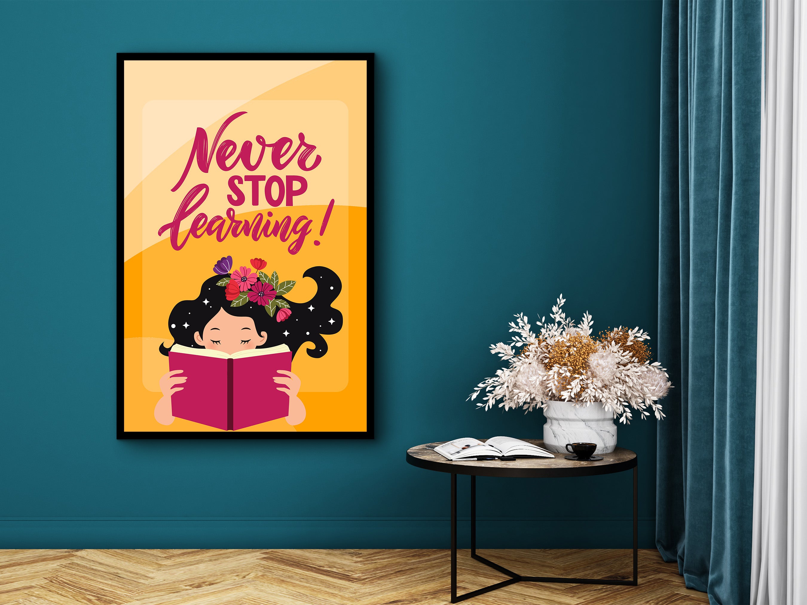 Motivational Wall Art, Never Stop Learning! Wall Art Canvas, Modern Home & Office Wall Decor, Ready to Hanging Gift, Printed on Black Frame