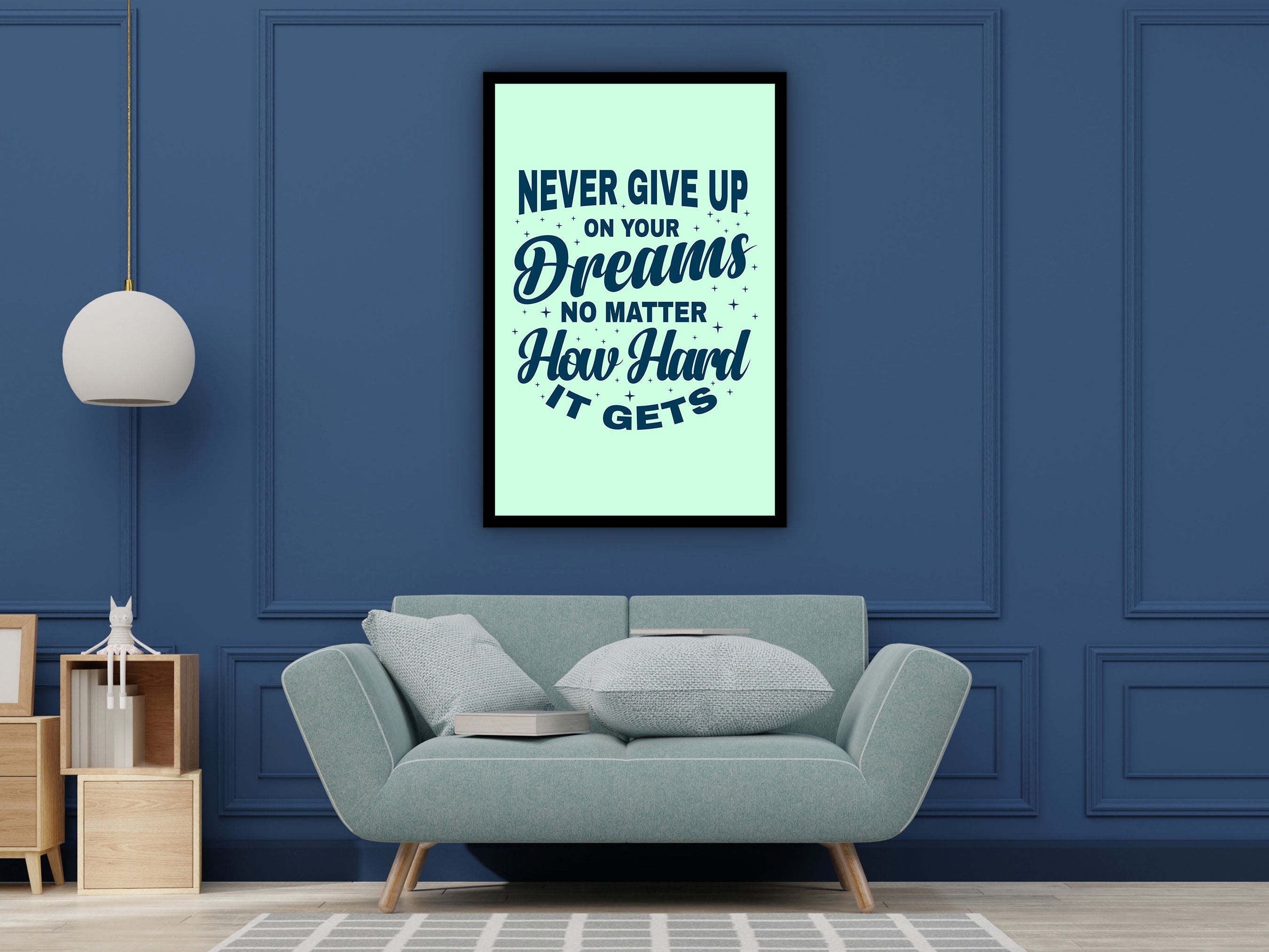 Motivational Wall Art, Never Give Up on Your Dreams No Matter How Hard It Canvas, Ready to Hang, Quotes Canvas Gift, Printed on Black Frame