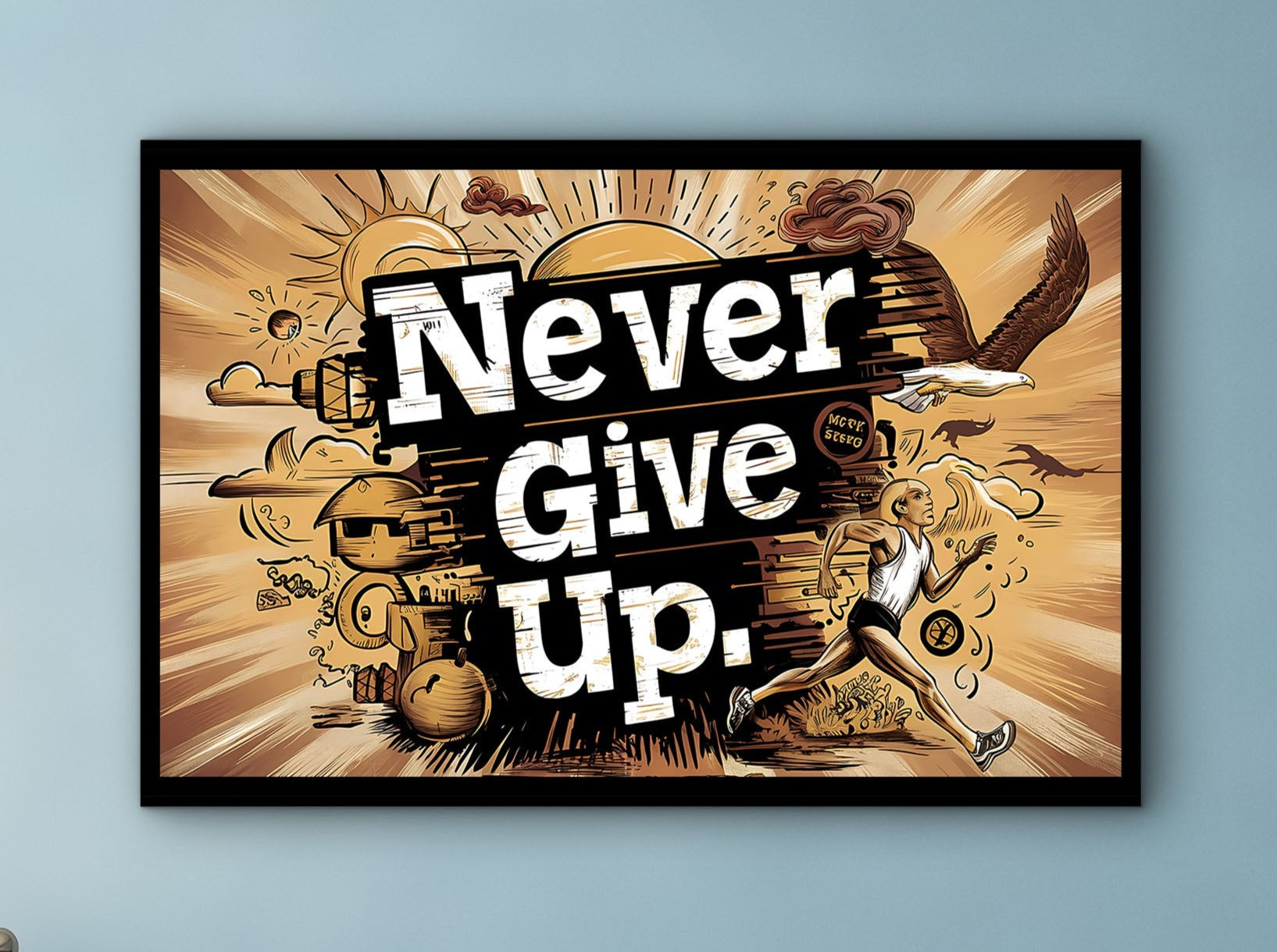 Motivational Wall Art, Never Give Up Canvas Wall Art, Modern Design Home & Office Decor, Ready to Hang, Gift for him, Printed on Black Frame