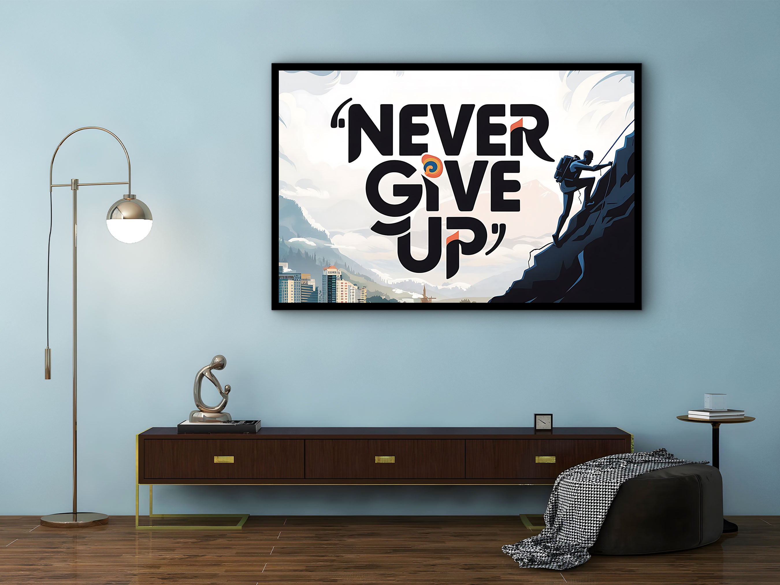 Motivational Canvas Wall Art, Never Give Up Wall Art, Modern Design Home & Office Decor, Ready to Hang, Gift for him, Printed on Black Frame