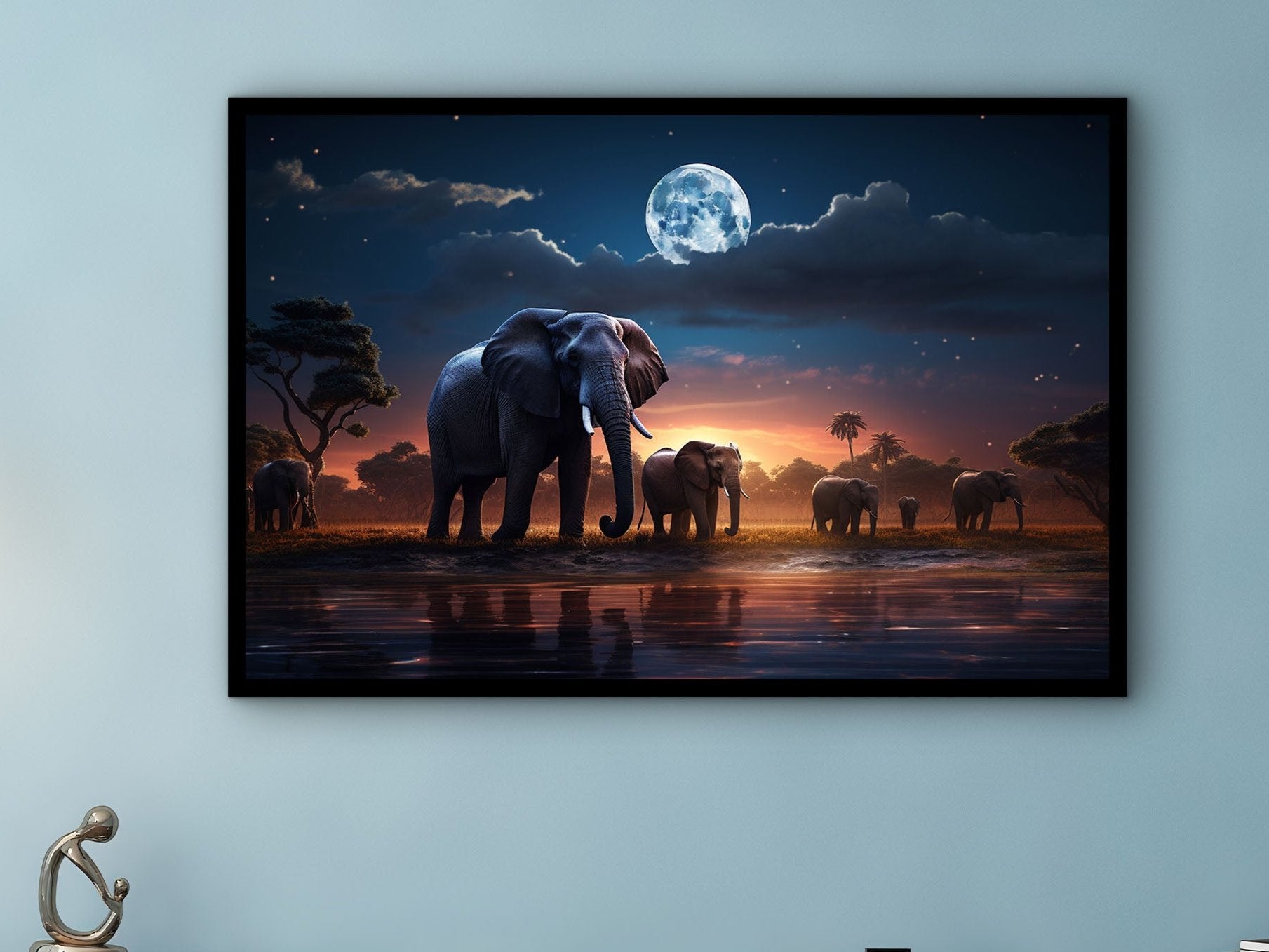 Elephant Canvas Wall Art, Animals African Wall Decor, Elephants Family Painting Art, Ready to Hanging, Perfect Gift, Printed on Black Frame