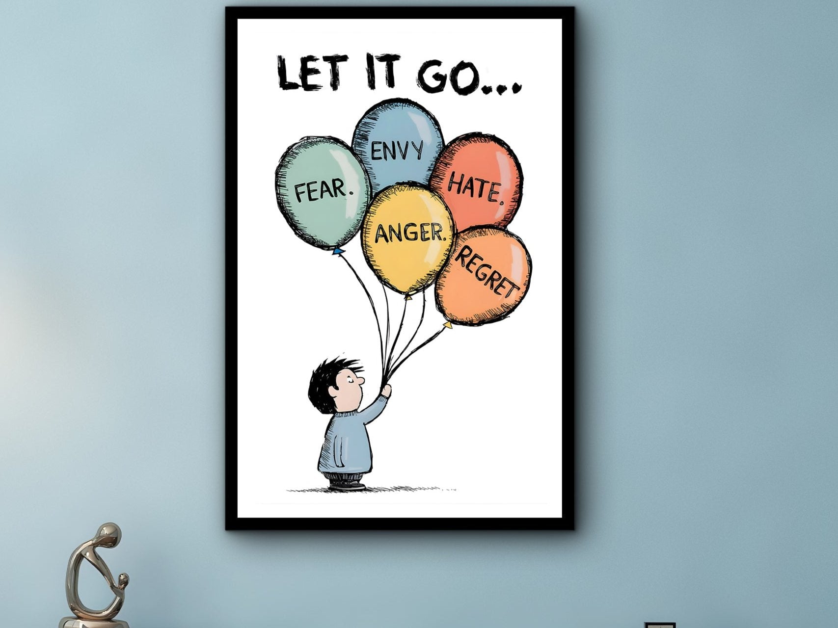 Let It Go Wall Art, Motivational Wall Art, Modern Home & Office Decor, Ready to Hang, Balloon Art Print, Printed on Black Frame, Gift Idea