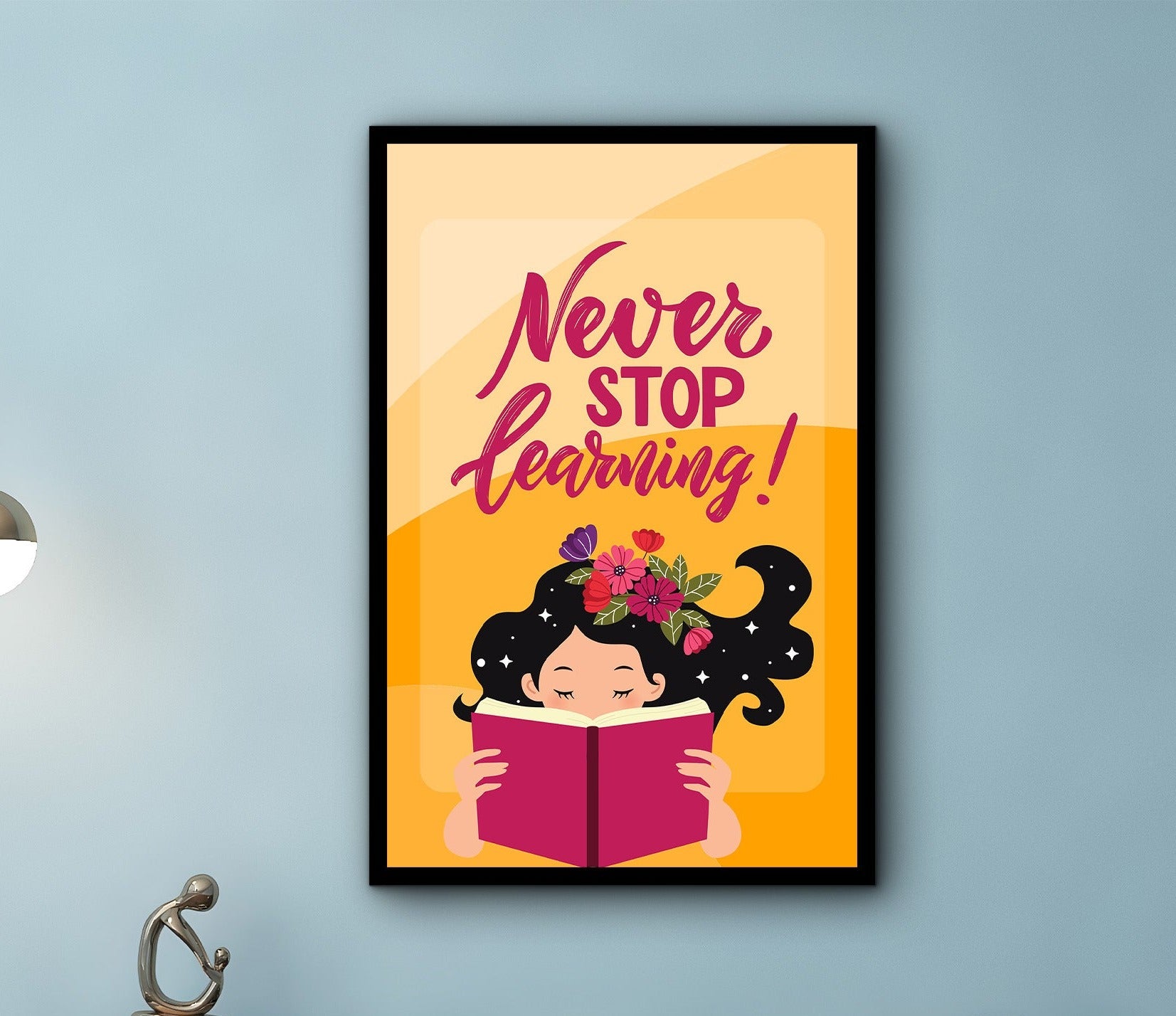 Motivational Wall Art, Never Stop Learning! Wall Art Canvas, Modern Home & Office Wall Decor, Ready to Hanging Gift, Printed on Black Frame