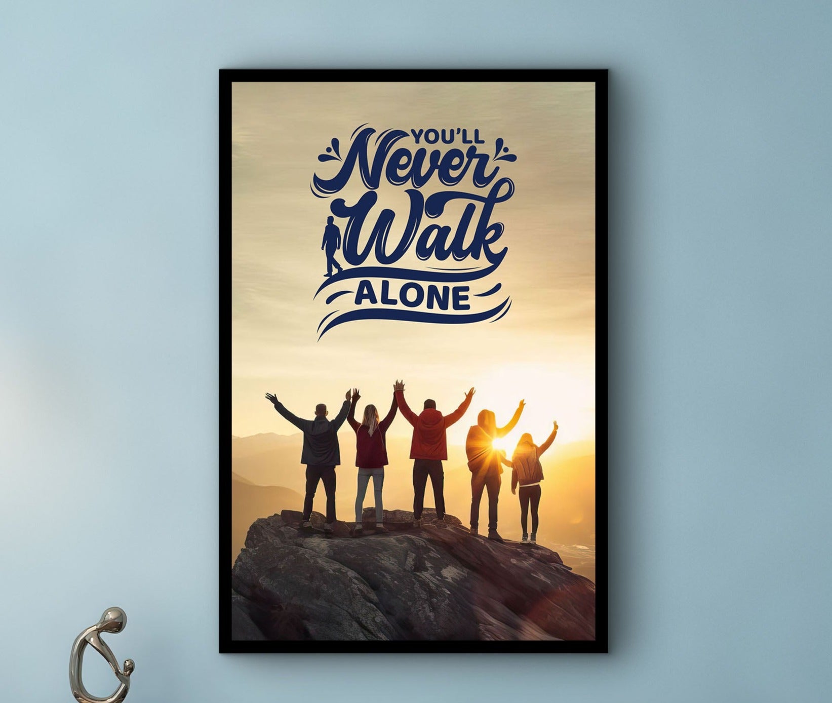 Motivation Sign Design Canvas, You'll Never Walk Alone Wall Art, Modern Home Office Decor Prints, Unique Gift, Printed on Black Frame