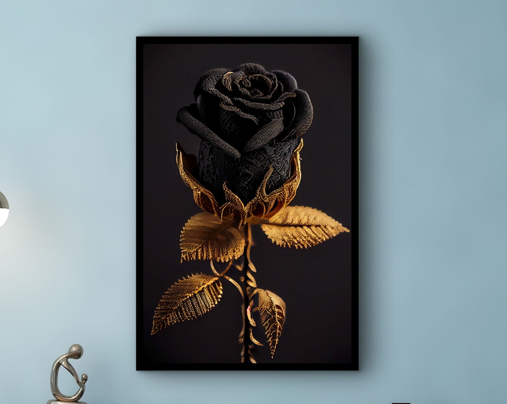 Black Gold Rose Wall Art Canvas, Modern Design Home Decor, Farmed Canvas Poster Print, Ready to Hang, Gift for Her, Printed on Black Frame