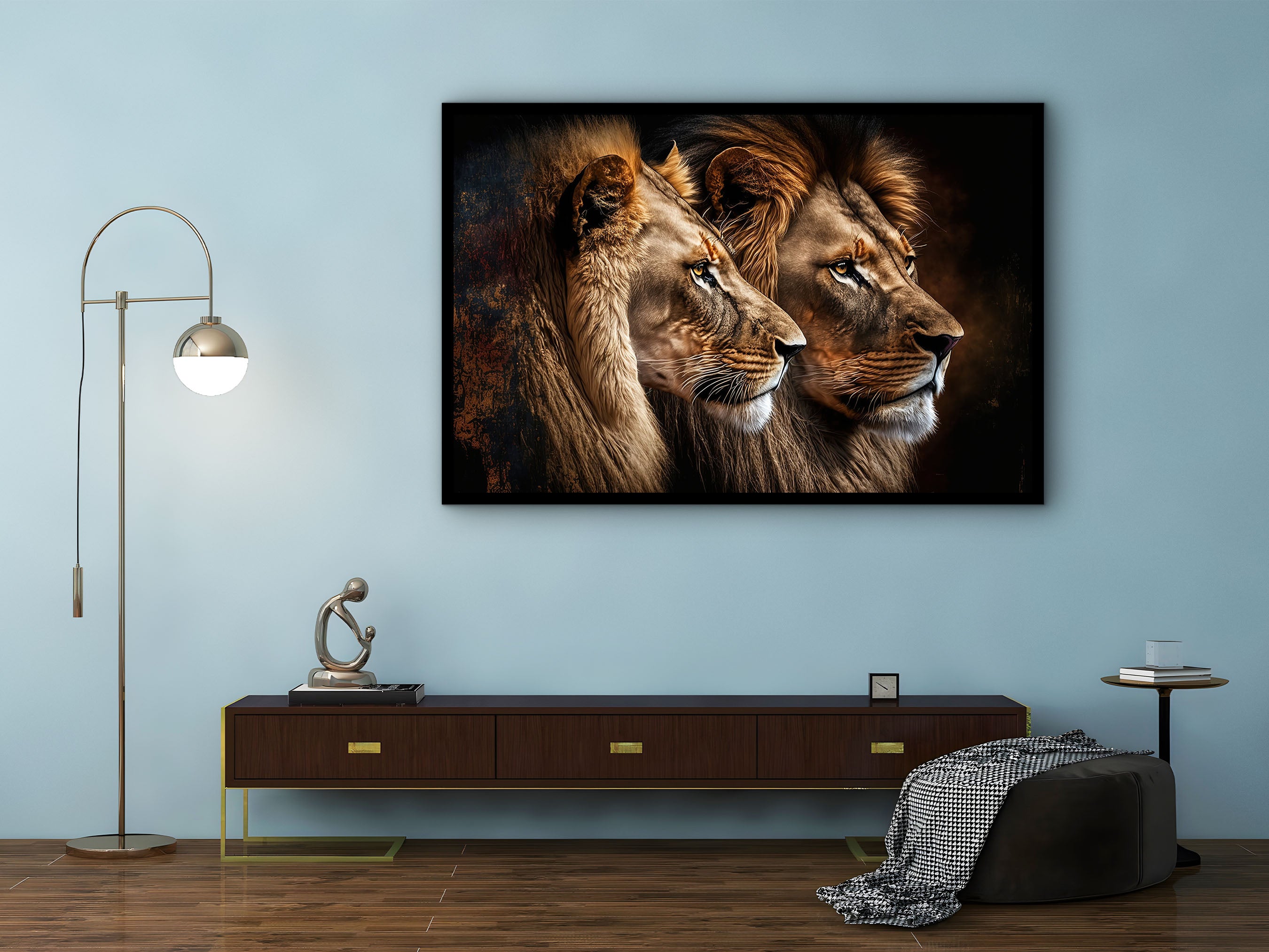 Lion Canvas Wall Art, Animal Modern Design Art, Home Decor, Lion Couple Canvas Print, Framed Lion Art, Perfect Gift, Printed on Black Frame