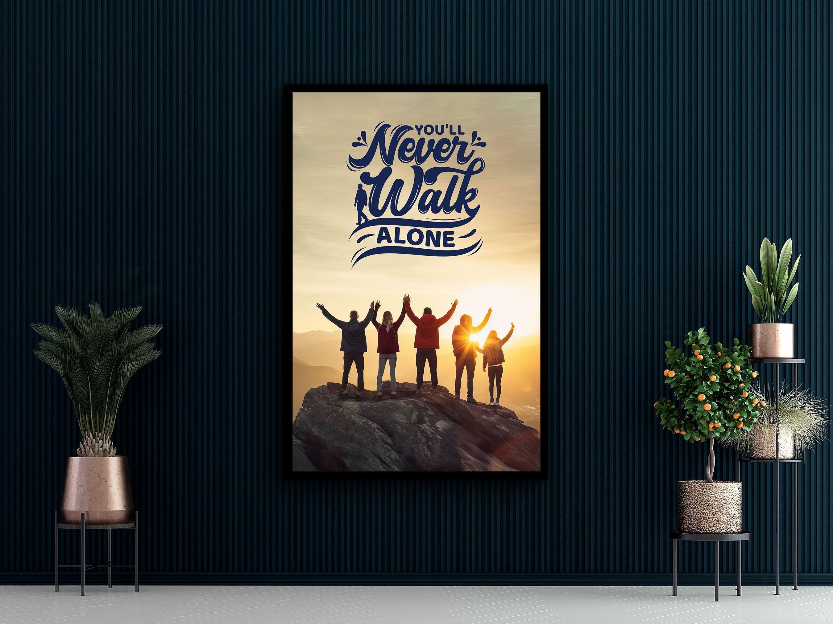 Motivation Sign Design Canvas, You'll Never Walk Alone Wall Art, Modern Home Office Decor Prints, Unique Gift, Printed on Black Frame